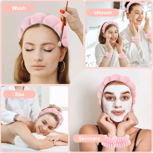 Miniatura 7 de CAVETEE Diadema de maquillaje para mujer, cuidado de la piel rosa para lavar la cara, lindo spa hinchado con banda elástica y esponjas faciales