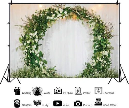 Miniatura 2 de Telón de fondo de boda romántico de 5 x 3 pies, corona arqueada en 3D, cortina blanca para pared nupcial, fondo de fotografía de pared floral