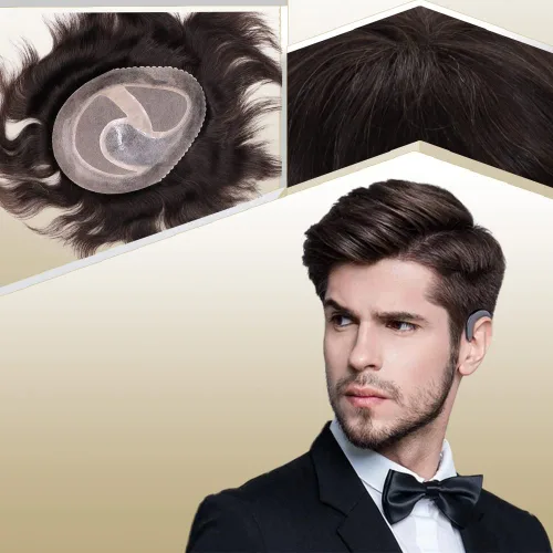 Miniatura 18 de Toupee para hombres sistemas de reemplazo de cabello humano real europeo para hombres, postizos finos, centro de encaje, piel más gruesa, pieza