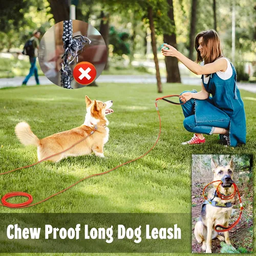 Miniatura 9 de Correa larga para perro a prueba de mordidas, cable de amarre para perros resistente de 50 pies con mosquetón, correas de perro para patio, correas