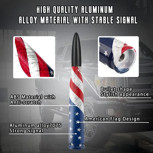 Miniatura 2 de Antena de bala para coche y camión con bandera americana con tapas de válvula, mástil de antena universal para GM Chevy Silverado 1500 2500 3500 HD