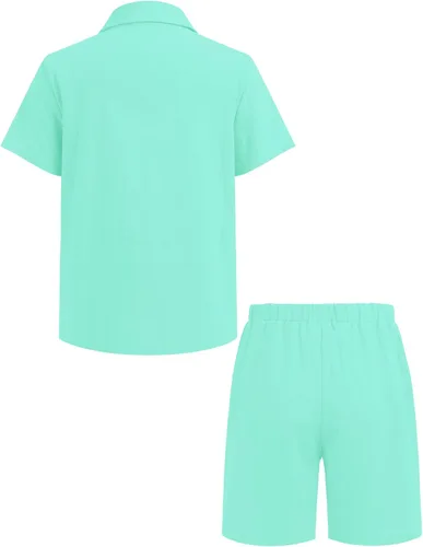 Miniatura 2 de COOFANDY Boy's 2 Piece Outfit Linen Short Sleeve Button Down Shirt Shorts Sets