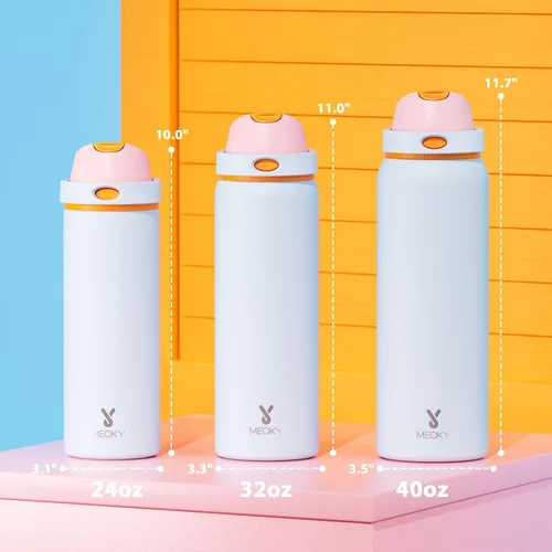Miniatura 2 de Botella de agua aislada de 40 onzas con popote: Botella de agua de metal de acero inoxidable Meoky con tapa 2 en 1, a prueba de fugas, fría durante