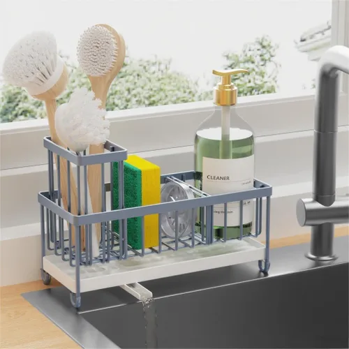 Miniatura 29 de Cisily Soporte de esponja negro extra grande para fregadero de cocina, organizador de fregadero con soporte alto para cepillos, organizadores