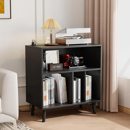 Miniatura 7 de VINGLI Soporte para tocadiscos con almacenamiento de vinilo abierto, mesa de almacenamiento de álbumes de mediados de siglo con luz LED de hasta 300
