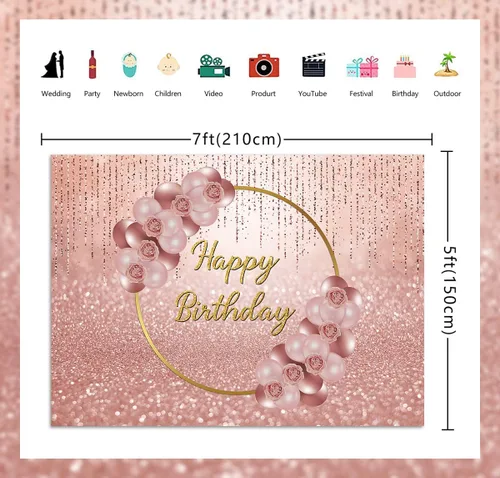 Miniatura 4 de Fondo de cumpleaños rosa dorado con purpurina y flores de rosa, 7 x 5 pies, para niñas, dulces 16, 21, 30 años, decoración de pastel de fiesta, mesa