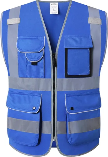 Miniatura 26 de JKSafety Chaleco de seguridad frontal con cremallera de alta visibilidad de 9 bolsillos de color dual MESH Lite Tira reflectante con ribete