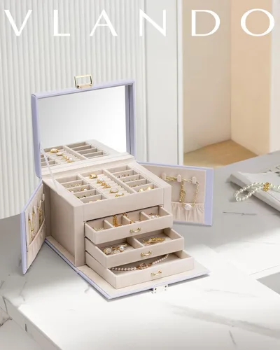 Miniatura 6 de Vlando Joyero de 4 niveles, cajas de joyería y organizadores con asa, 3 cajones de viaje con espejo, almacenamiento de joyas, aretes, collares