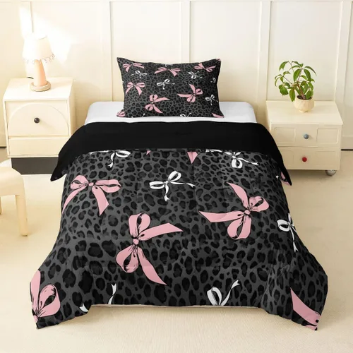 Miniatura 44 de Castle Fairy Juego de edredón con estampado de leopardo rosa y negro, juego de colcha de retazos de piel de cebra, tamaño King, para niños, niñas