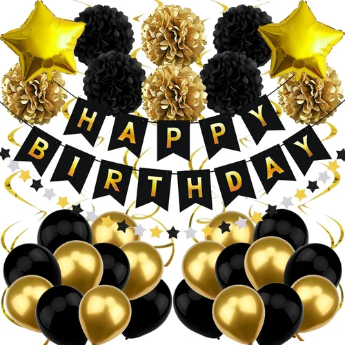 Miniatura 19 de Decoraciones de cumpleaños negro y rojo – Cartel de feliz cumpleaños para niños, niñas, hombres y mujeres, suministros de fiesta