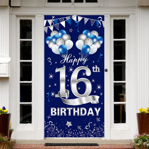 Miniatura 5 de Turypaty Cartel azul plateado para puerta de cumpleaños número 16, decoración para puerta de cumpleaños de 16 años, suministros de fiesta