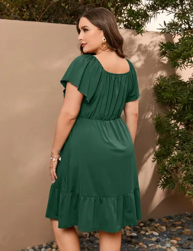 Miniatura 6 de ShopWonder Vestidos hawaianos de talla grande para mujer, vestido de cuello cuadrado, manga corta, casual, acampanado, vestido de verano