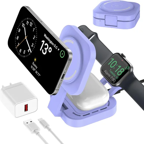 Miniatura 9 de Mini estación de carga plegable 3 en 1 para dispositivos Apple, soporte de cargador inalámbrico para Magsafe para iPhone 17/Air/16/15/14/13/12, Azul