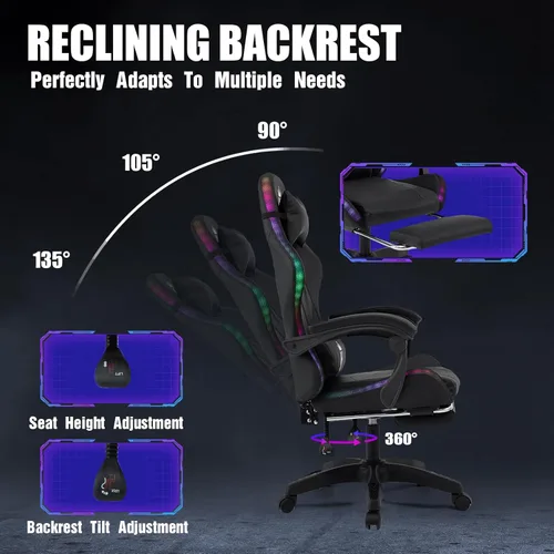 Miniatura 6 de Silla de juegos RGB con reposapiés, silla de juegos de computadora con luces LED para adultos, silla reclinable con reposacabezas ajustable, soporte