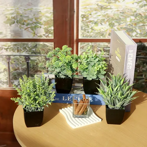 Miniatura 7 de GREENTIME Paquete de 4 plantas falsas en maceta negra, pequeñas plantas artificiales de eucalipto en maceta, hierba de trigo, mini vegetación