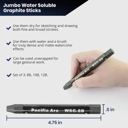 Miniatura 3 de Pacific Arc Juego de 3 palitos de grafito solubles en agua jumbo, suaves 12B, 10B, 8B