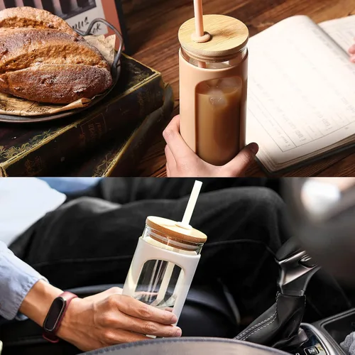 Miniatura 3 de Kodrine Vaso para agua de vidrio de 20 onzas con popote y tapa, botella de agua con tapas de bambú, taza para café helado, reutilizable, boca ancha