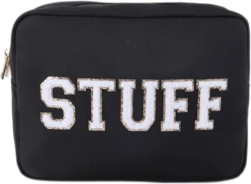 SkyTen - Bolsa de maquillaje con letras de chenilla, estuche de nailon para cosméticos, organizador de viaje Glam Stoney Trébol Dupe, Negro -, Bolsa