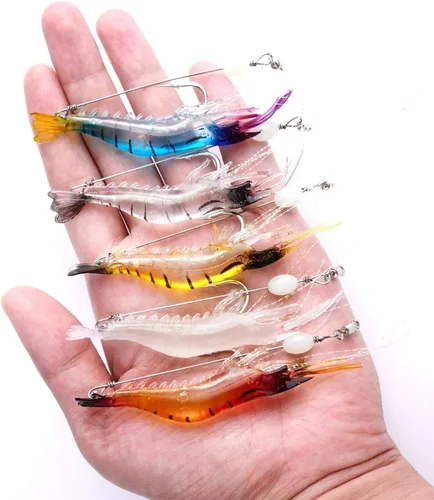 Miniatura 7 de Señuelos de pesca para camarones de silicona artificial, set de cebo suave luminoso Swimbait Señuelo de pesca con ganchos, aparejos de pesca de agua