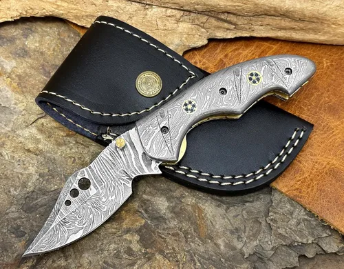 Miniatura 12 de Cuchillo de bolsillo de acero de Damasco para hombres con funda de cuero, cuchillos de caza plegables hechos a mano de 7 pulgadas, con asa, cuchillo