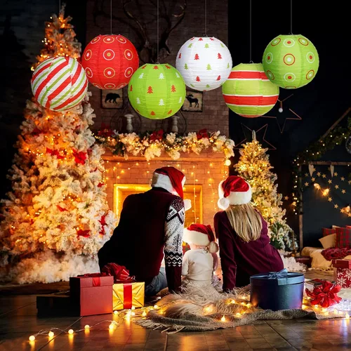 Miniatura 6 de Bencailor Juego de 12 linternas de papel colgantes de Navidad, linternas decorativas para fiesta de Navidad, lámparas colgantes redondas