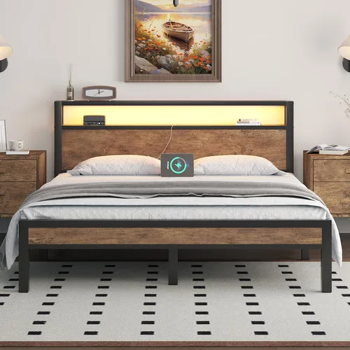 Miniatura 16 de Marco de cama tamaño completo con cabecera de almacenamiento, cama plataforma industrial con estación de carga y luces LED, listones de metal Negro