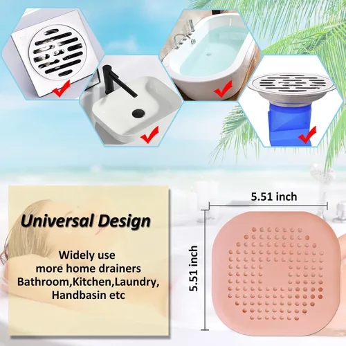 Miniatura 6 de Recolector de cabello cuadrado con ventosas para desagüe, tapón de silicona para ducha, fácil de instalar para baño, tina y cocina, 2 unidades (rosa)