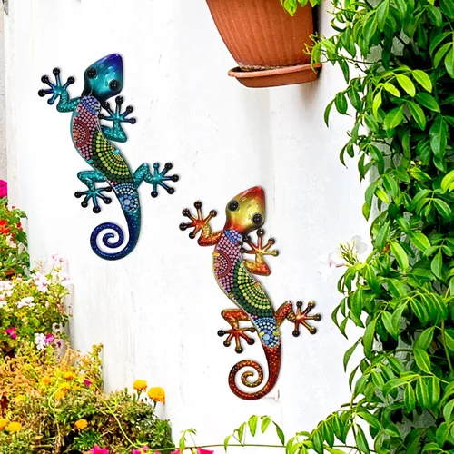 Miniatura 2 de HONGLAND Arte de pared de Gecko de metal, 2 unidades de lagarto de 15 pulgadas, decoración para exteriores, escultura de vidrio colgante, decoración