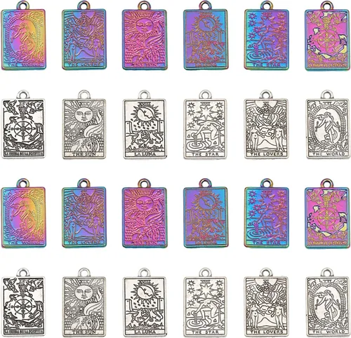 CHGCRAFT 24 dijes de cartas de tarot de 12 estilos, colgantes de aleación chapados en rectángel, para manualidades, pulseras, aretes, collares,