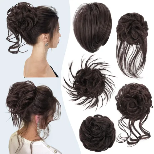 Miniatura 16 de HMD 5 piezas de moño despeinado para mujer, extensión de cabello con banda de goma elástica, extensión de cabello largo y desordenado, accesorios