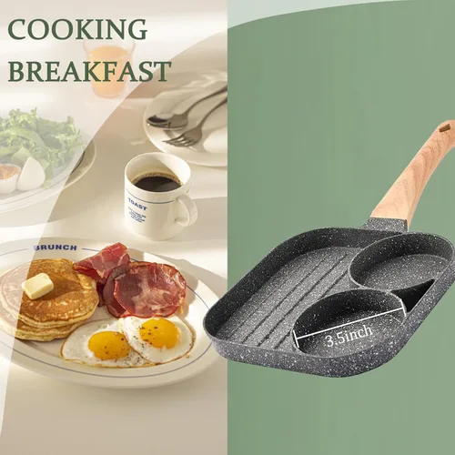 Miniatura 2 de JUSTUP Sartén antiadherente para huevos, mini sartén antiadherente 3 en 1, sartén dividida, mango resistente al calor, sartén de 3 secciones, mini