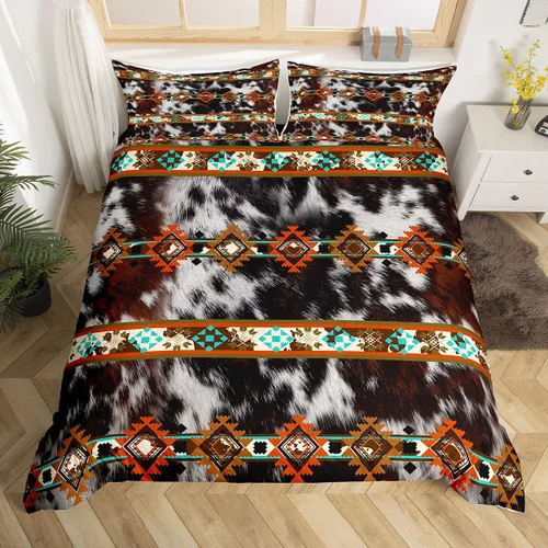 Miniatura 19 de Erosebridal Funda de edredón de piel de vaca marrón con estampado de vaca de las tierras altas, juego de ropa de cama occidental exótico azteca