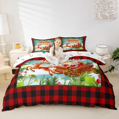 Miniatura 21 de Juego de funda de edredón para niños con diseño de Navidad, tamaño individual, camiones rojos y árboles de pino con copos de nieve, decoración