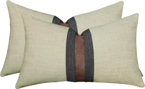 Miniatura 11 de Juego de 2 fundas de almohadas decorativas de cuero, decoración de exteriores, lino con parches, almohadas de cuero sintético marrón, funda