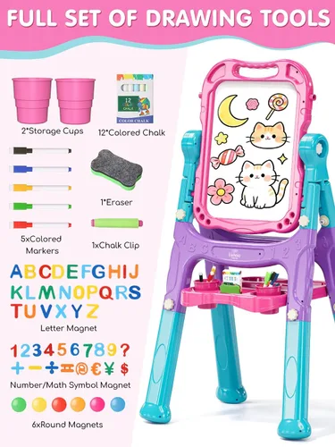Miniatura 7 de Lehoo Castle Caballete para niños, caballete de arte para niños 4 en 1 de doble cara con pizarra blanca magnética y pizarra de tiza, caballete