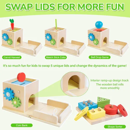Miniatura 3 de JUSTWOOD Juguetes Montessori para niños de más de 1 año, kit de juego de madera 8 en 1, incluye caja permanente de objetos, cubo de actividades