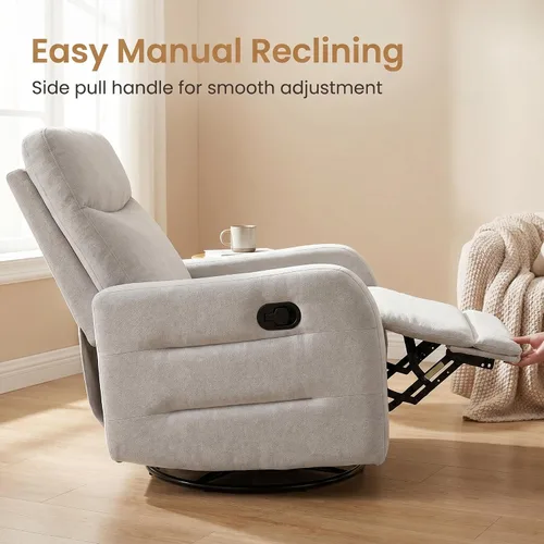 Miniatura 4 de Silla reclinable giratoria de 360°, sillón reclinable manual con asa lateral, silla de salón tapizada de tela para sala de estar, dormitorio