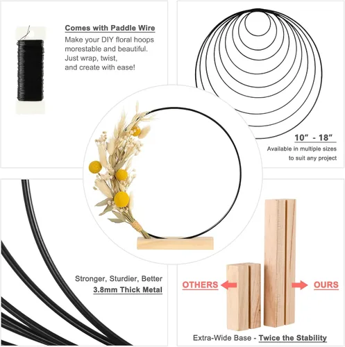 Miniatura 3 de Paquete de 10 aros florales negros con soporte, anillos de metal de 12 pulgadas para centros de mesa, decoración de mesa, manualidades, anillos