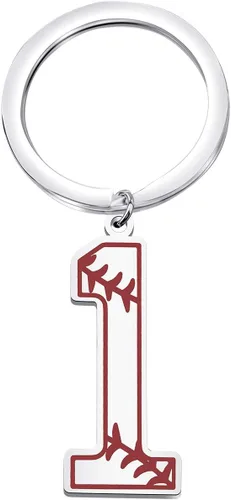 FAADBUK Llavero de béisbol con inicial de béisbol 0-9, joyería de números de la suerte para hombres y mujeres, Metal, Acero inoxidable