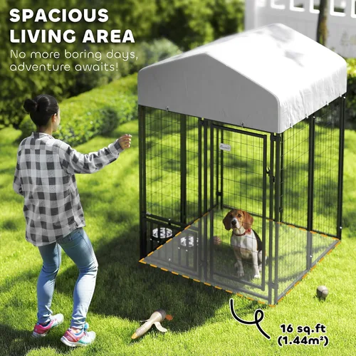 Miniatura 3 de PawHut Jaula de 4' x 4' x 6' para perros al aire libre, Jaula de alambre soldado para perros con rotación de 360° y cuencos ajustables de 4 niveles
