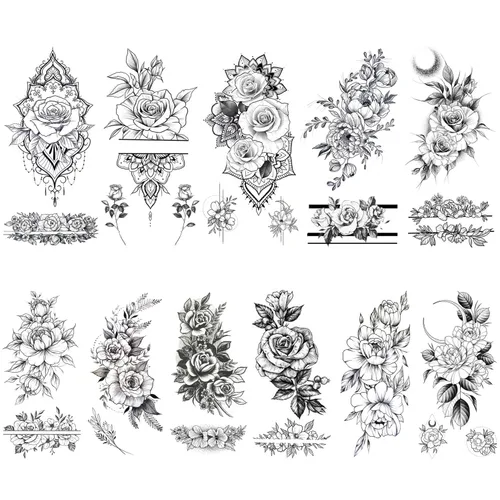 Glaryyears Tatuajes temporales de flores para mujer, paquete de 11 tatuajes falsos de diseño de henna, tatuajes realistas florales de rosas de larga