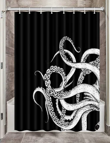 Octopus Decor - Cortina de ducha para caravana, remolque, baño, divertido juego de cortinas de ducha pequeñas y estrechas de tela en blanco y negro,