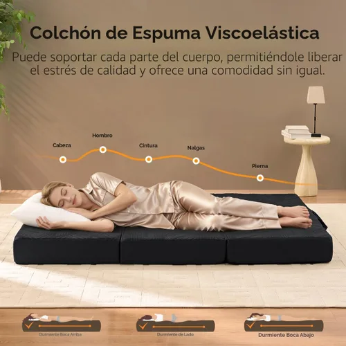 Miniatura 3 de Colchón de espuma viscoelástica, tamaño individual de 6 pulgadas, triple pliegue, asas y parte inferior antideslizante, cubrecolchón con funda