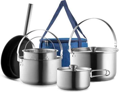 Juego de utensilios de cocina de acero inoxidable 304 de 8 piezas para ollas y sartenes, kit de cocina de fuego abierto | Sartén vaporera con bolsa