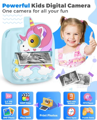 Miniatura 3 de Cámara de impresión instantánea para niños de 3 a 12 años, cámara para niños con tarjeta SD de 32 G y papel de 300 fotos, foto de 48 MP, video