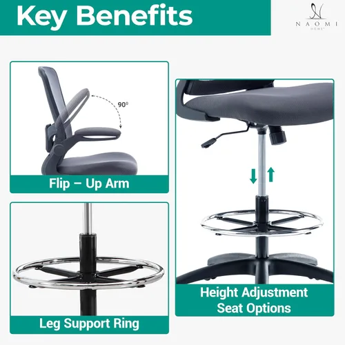 Miniatura 5 de Naomi Home Serena Silla ergonómica de malla de redacción, ajustable, malla transpirable, soporte lumbar, ergonómica y ajustable en altura ajustable