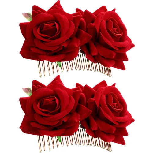 Bememo Paquete de 2 pinzas para el pelo de rosas para mujer, peines laterales de rosas, flores flamencas, disfraces del Día de los Muertos, Rojo