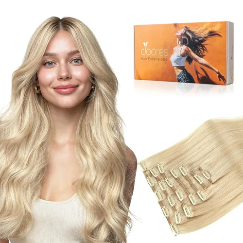 DOORES Clip in Human Hair Extensions, Soft Golden Blonde Subtle Highlights 16 Inch 7pcs 120g, Remy Clip in Hair Extensions Thick Straight