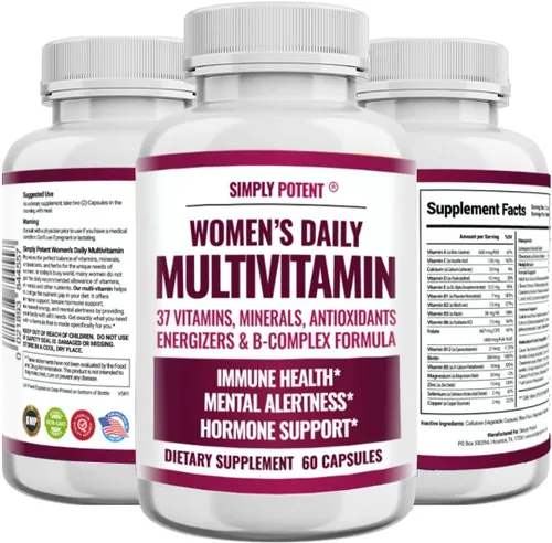 Simply Potent Multivitamínico para mujer – 37 vitaminas y minerales con biotina, vitaminas A C D E B12, folato, zinc, magnesio, calcio y extracto de