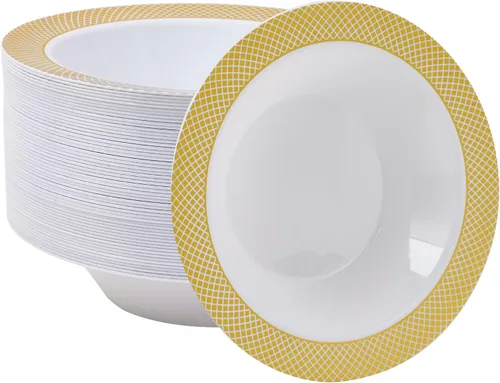 Miniatura 9 de JOLLY CHEF Paquete de 50 cuencos de plástico con borde plateado, cuencos de sopa desechables de 12 onzas, cuencos de plástico resistentes